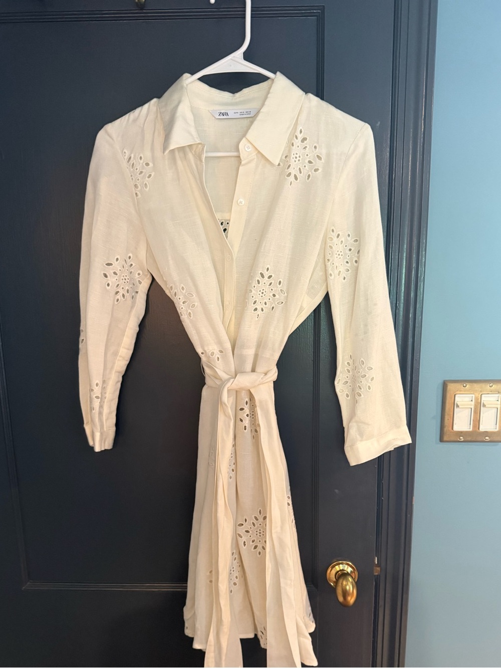 Zara Cream Eyelet Tie-Waist Long Sleeve Dress